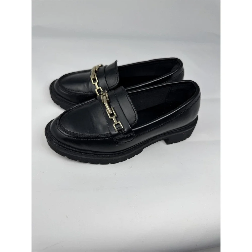 Gap Kids Girls Black Gold Tone Chain Link Faux Leather Loafers‎ Sz 12 Lug Sole